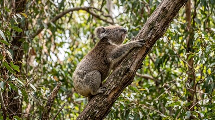 Obraz premium Cute Koala Climbing Eucalyptus Tree in Natural Habitat - Australia Wildlife