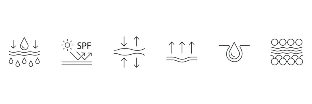 Skincare functional properties and beauty benefits line vector icon set with spf protection hydration and barrier repair.