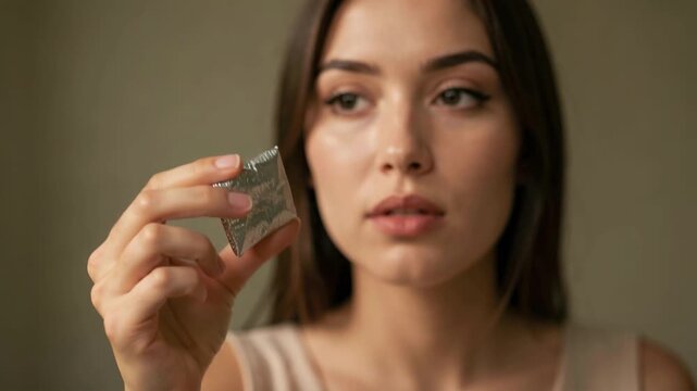 Young Woman Holding Silver Foil in Soft Indoor Lighting for Beauty Product Advertisement
