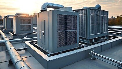 Fototapeta premium Industrial air conditioning units on rooftop with pipes sky sunset building equipment systems.