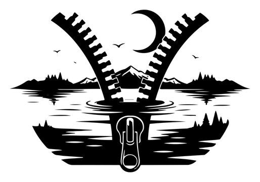 Zipper opening to reveal mountain lake landscape with moon in conceptual stencil style