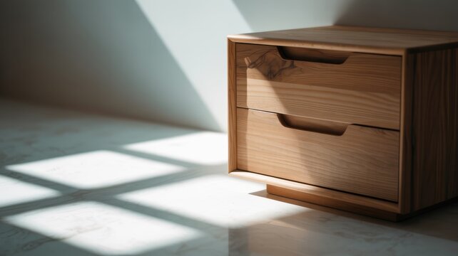 Minimalist nightstand or side table with two drawers, clean lines and modern design, bathed in natural light.