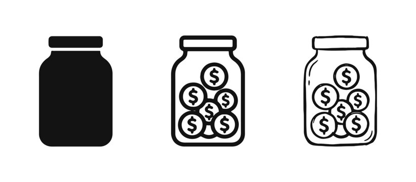 Money Savings Jar and Investment Icon Set - Glass Jar with Dollar Coins for Financial Planning