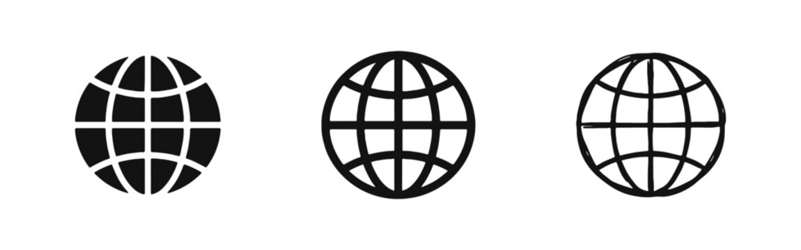 Global Network and World Globe Icons Set - Earth Wireframe - Solid, Line, and Hand Drawn Styles