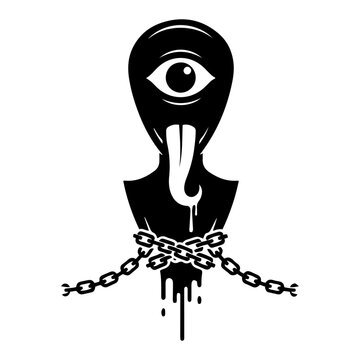 Alien monster head with cyclops eye and long tongue bound by chains in dark surreal style
