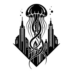 Giant jellyfish floating over metropolitan city skyscrapers in surreal fantasy silhouette style © Aurora