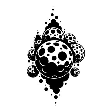 Moon with craters surrounded by smaller orbiting planets and bubbles in minimalist silhouette style