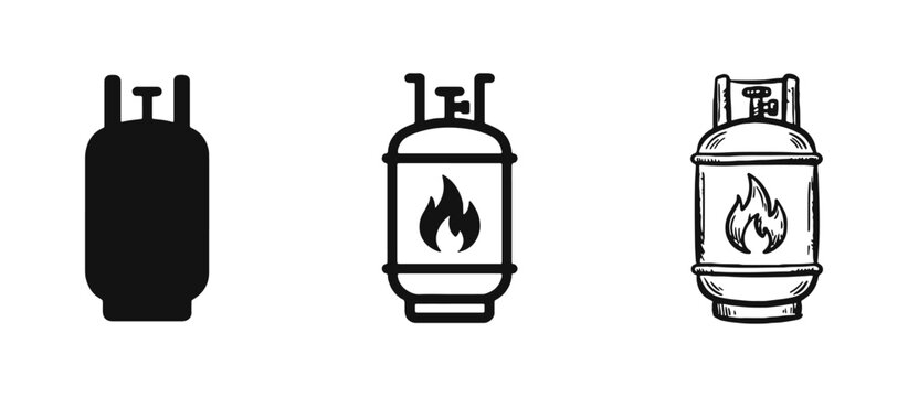 Gas Cylinder with Flame Icon Set - Propane Tank and Fuel Energy Symbols