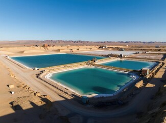Fototapeta premium Brine pools for lithium extraction sit in desert landscape. Turquoise water holds mineral salts. Industrial facility extracts valuable metal. Mining operation on arid terrain.