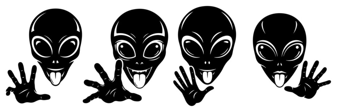 Alien head silhouettes sticking out tongues with hands in funny character style