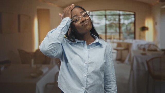 Woman with glasses touching forehead with right hand, wearing light blue shirt, standing before set dining tables and arched window in restaurant dining room, slight smirk; mild frustration.