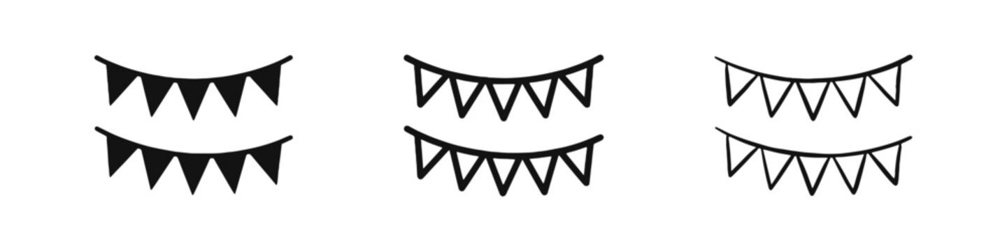 Celebration Bunting Flags Icon Set - Solid, Outline, and Hand-Drawn Hanging Garland Decorations