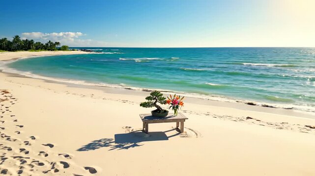 Peaceful bonsai tree and vibrant lilies arranged on a rustic wooden table at a tropical beach paradise, tranquil ocean waves, sunny day, serene atmosphere
