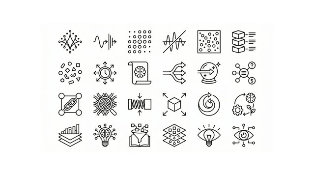 Minimal Data Consciousness Icon Set &ndash; Thin Line Black Outline UI Abstract Data Intelligence Vector Icons Grid