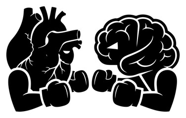Fototapeta premium Anatomical heart and brain wearing boxing gloves fighting each other in minimalist silhouette style