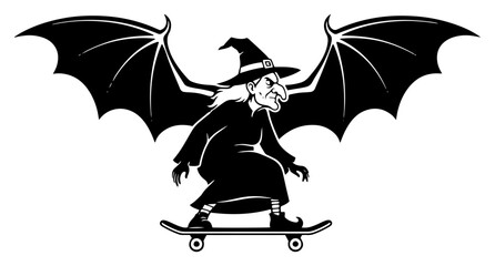 Witch with large bat wings riding a skateboard in minimalist silhouette style © Aurora