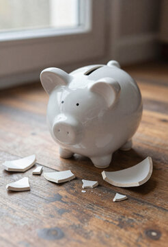 shot captures shattered remnants white piggy bank splayed across weathered wooden floor bathed soft morning light