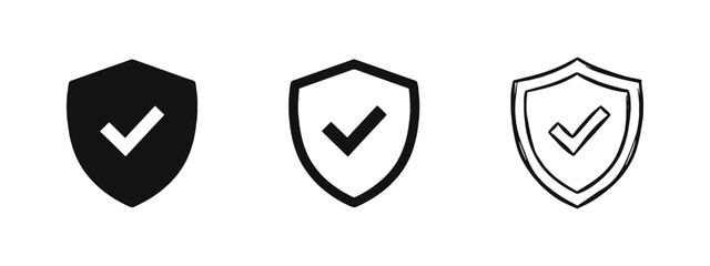 Security Shield with Checkmark Icon Set - Protection and Safety Symbols in Solid, Outline, and Sketch Styles © drawing lines