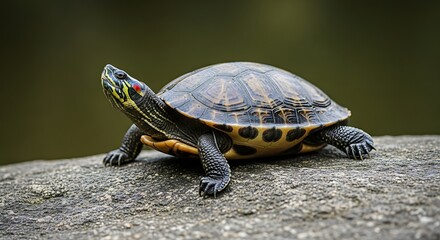 Obraz premium Close up of a turtle perched on a rock against a blurred background