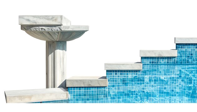 A modern pool area features a diving board and steps leading into clear blue water, bathed in sunlight