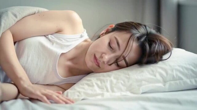 Sick female lying sideways on bed, slow breathing, peaceful yet weak mood, video