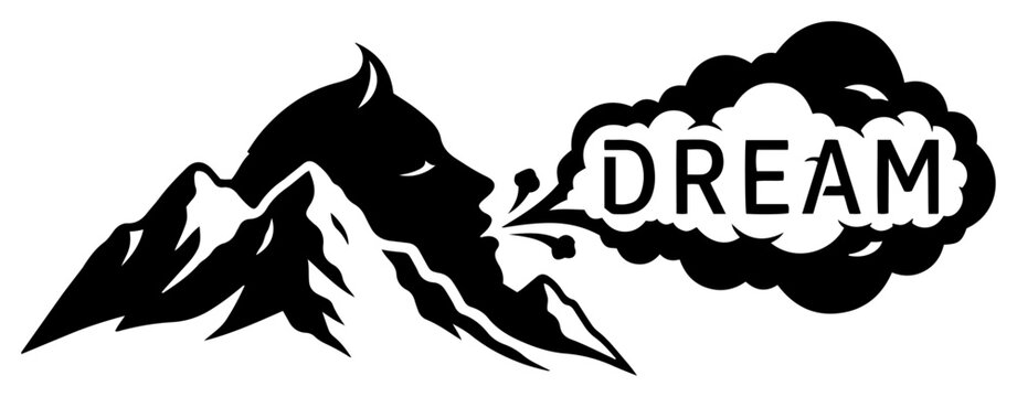 Mountain profile of face blowing dream cloud in surreal minimalist style