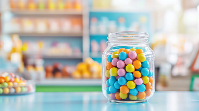 Colorful gumballs in glass jar in bright candy store setting for sweet shop decor