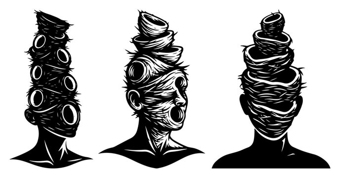 Human heads wrapped in bird nests in surreal macabre stencil style