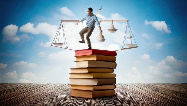 Balancing Act - Man on Books with Scales of Justice Above.