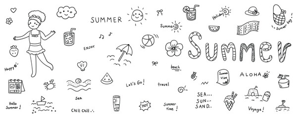 Hand drawn doodle set of girl in swimsuit with beach objects and summer vacation symbols for holiday planning and scrapbooking vector design. © FYDesign