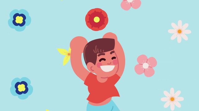 Joyful boy jumping in air with flowers falling around him, animated springtime scene.