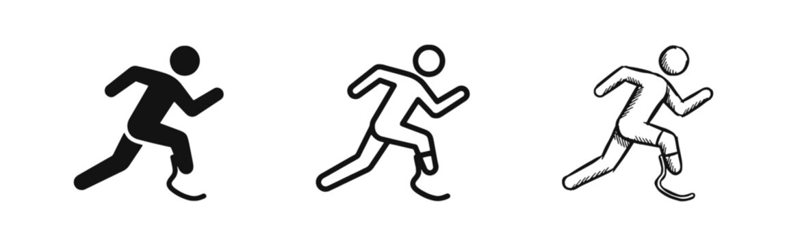 Parathlete Running with Prosthetic Leg Silhouette and Line Icon