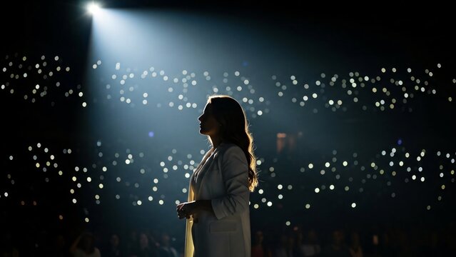 Silhouette of a woman standing on stage with spotlight and sparkling lights in the background capturing a dramatic and inspiring moment during a live event or performance