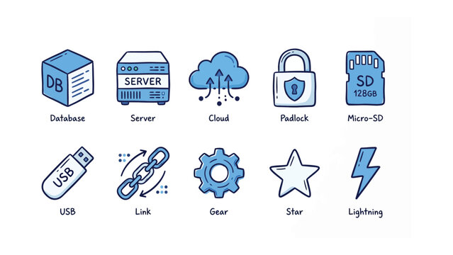 Data Icons Illustration: A collection of meticulously crafted blue icons representing various data-related concepts and functionalities. 