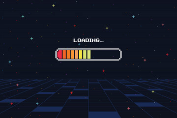 Plakat LOADING bar. pixel art 8 bit. retro game. Retro Futurism Sci-Fi Background. glowing neon grid and star from vintage arcade computer game.