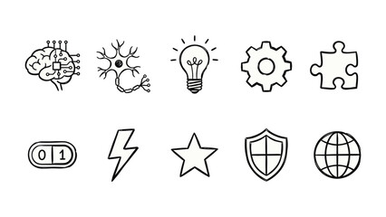 Innovation Icons: A collection of hand-drawn icons representing the essence of innovation, from the brilliance of an idea to the global impact. © Juhhad