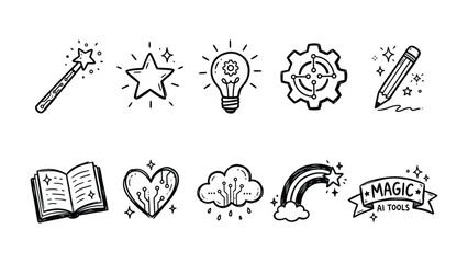Creative toolkit: A collection of hand-drawn icons that represent the world of creativity, including a magic wand, a star, a lightbulb, a gear, a pencil, a book, a heart, a cloud, a rainbow. © Juhhad