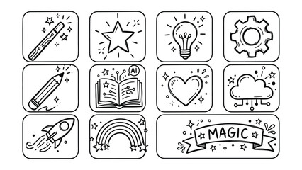Enchanting Doodle Icons: A collection of captivating doodle icons that spark imagination, creativity and innovation, each designed to evoke a sense of wonder and enchantment.  © Juhhad