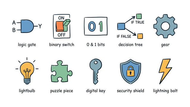 Digital Innovations: A visual collection of digital symbols and icons, including a binary switch, logic gate, decision tree, puzzle piece, and key, embodying the concepts of technology, science.