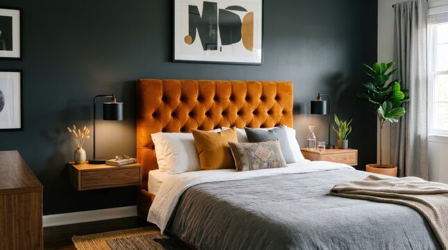 Luxurious bedroom with a tufted orange velvet headboard and modern decor