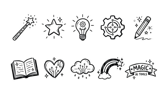 Creative toolkit: A collection of hand-drawn icons that represent the world of creativity, including a magic wand, a star, a lightbulb, a gear, a pencil, a book, a heart, a cloud, a rainbow.