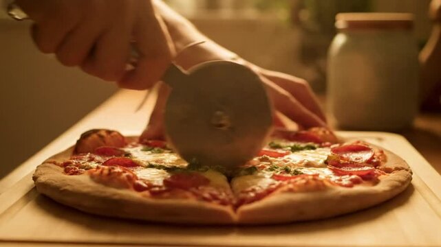 Cutting a Freshly Baked Pepperoni Pizza Into Slices on a Wooden Cutting Board with a Pizza Cutter
