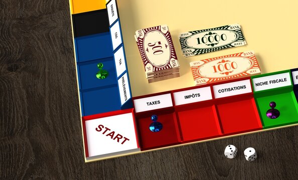 Jeu de soci&eacute;t&eacute; sur le th&egrave;me de la fiscalit&eacute; et des taxes avec d&eacute;s et billets