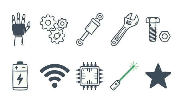 Engineering Icons: A collection of various hand-drawn engineering icons representing diverse mechanical and technological concepts and elements.