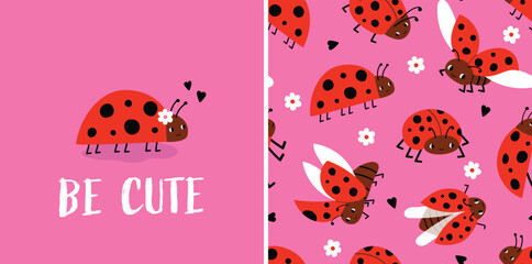 Cute ladybug vector illustration and seamless pattern. Ladybird with flowers and hearts. Summer insect background for kids textile, nursery decor. © Hanna Bykova