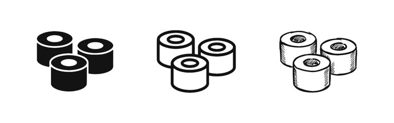 Japanese Sushi Rolls Icons, Maki Sushi Set in Three Different Design Styles © drawing lines