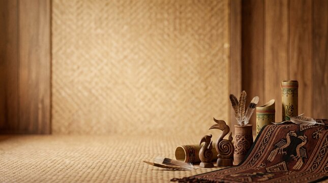 Ornate Gawai Dayak Festival Background with Traditional Tribal Motifs, Ethnic Bornean Patterns, and Rich Earthy Colors under Warm Atmospheric Lighting