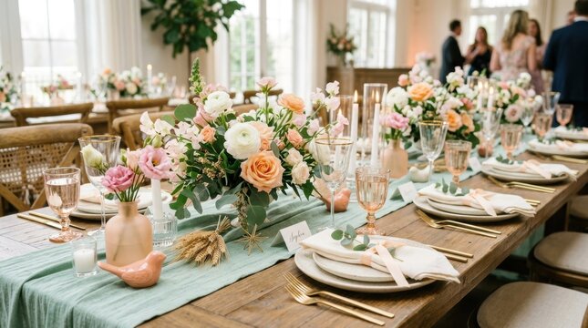 Elegant wedding reception table setting with floral arrangements and candles