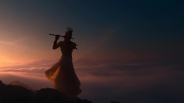 Silhouette of Lord Krishna playing flute on mountain peak at sunset