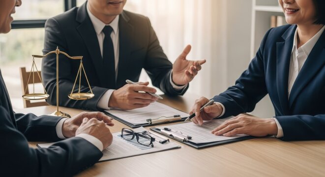 Professionals in a legal consultation discussing documents and contracts, representing justice and expert advice.